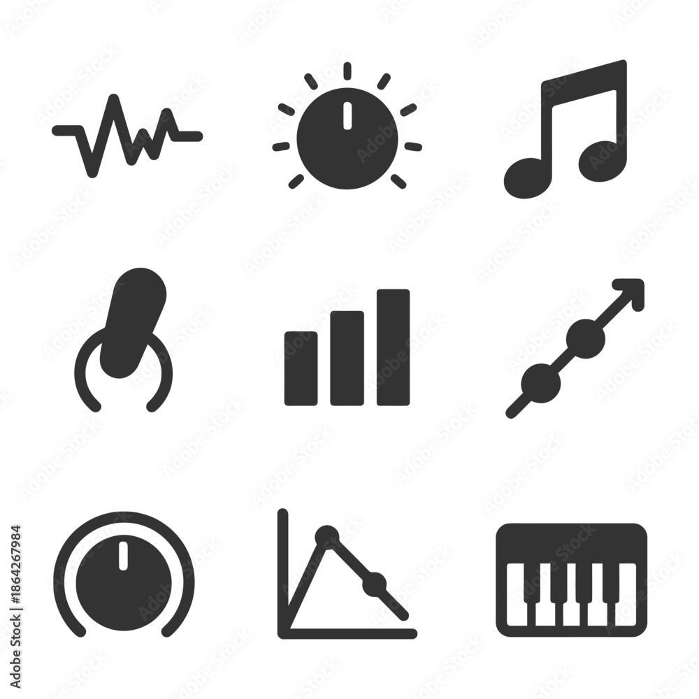Fototapeta premium Music and sound icons: knobs, notes, and graphs set.
