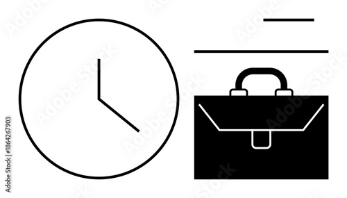 Productivity, business planning, time management, work organization, professional success, office routine. Simple clock and briefcase graphics. Time management and productivity ideas