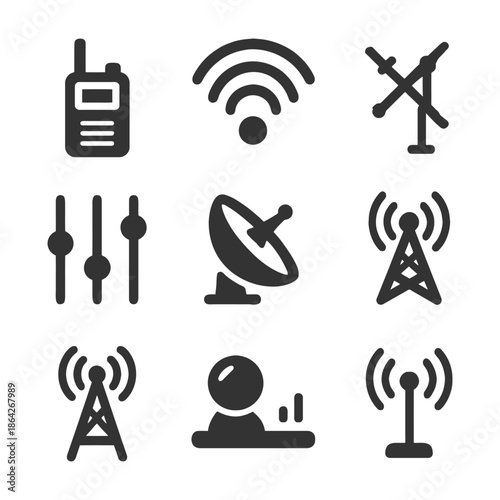 Communication icons set: antenna, satellite, wifi, walkie-talkie, and signal tower.