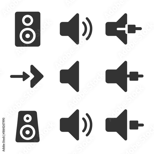 Audio symbols collection: speakers, volume, and plug icons in black and white.