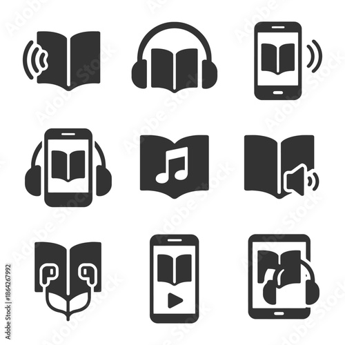 Audio book icons: headphones, mobile devices, music notes, sound waves.