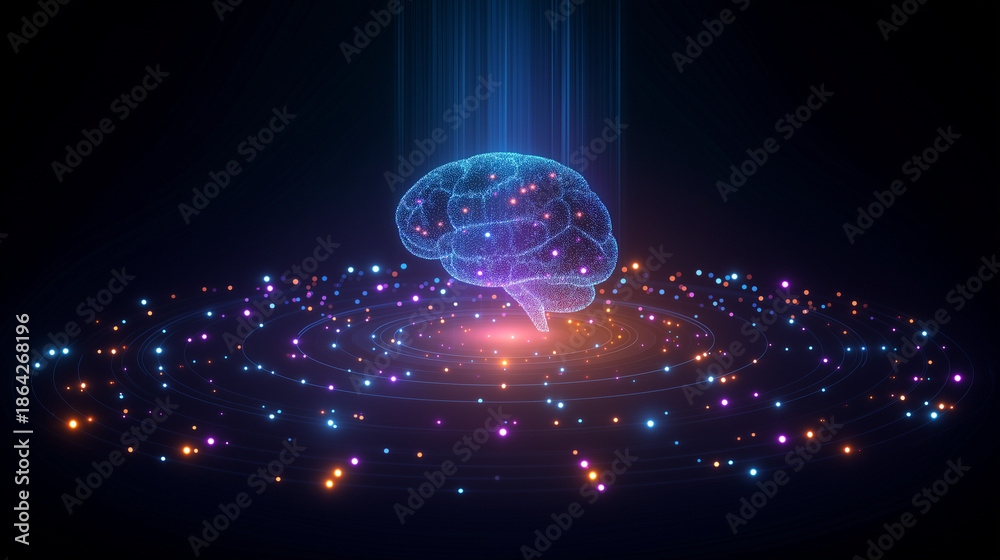 Obraz premium Colorful Holographic Brain with Floating Data Points Representing Advanced AI and Data Processing