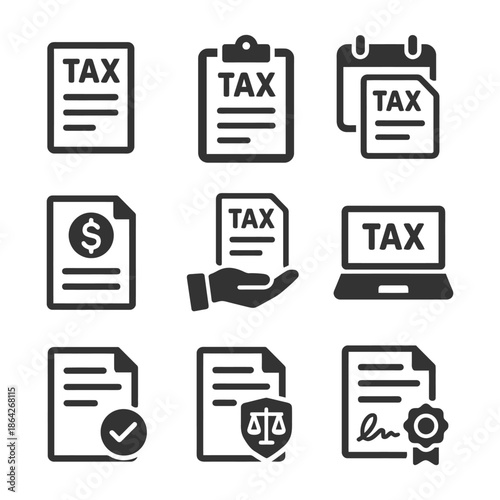 Set of tax icons including documents, digital forms, checklist, and calendar.