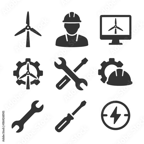Renewable energy and engineering icons: wind turbine, tools, and computer gear imagery.
