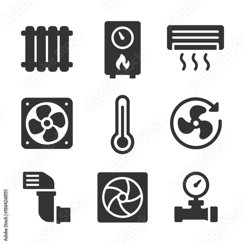 Black and white heating cooling system icons with radiator, thermostat, fan.
