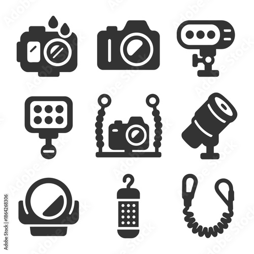 Collection of photography equipment icons: cameras, lights, lenses, and accessories.