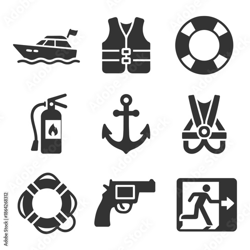 Nautical safety equipment icons: life vest, lifebuoy, fire extinguisher, anchor.