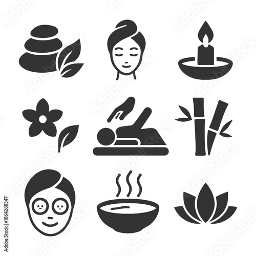 Spa and relaxation icons: massage, aromatherapy, meditation symbols.