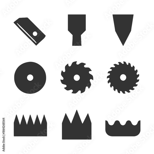 Set of nine black silhouette cutting tool icons including blades and saw discs.
