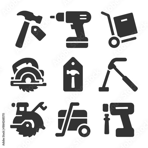 Black silhouettes of construction and carpentry tools icon set.