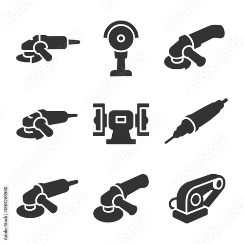 Set of industrial grinding and sanding tool icons in black silhouette style.