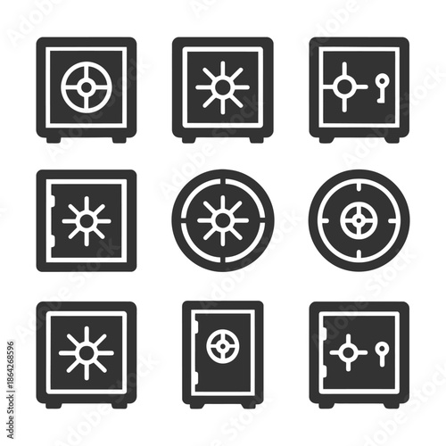Collection of nine safe icon designs with lock and wheel symbols.
