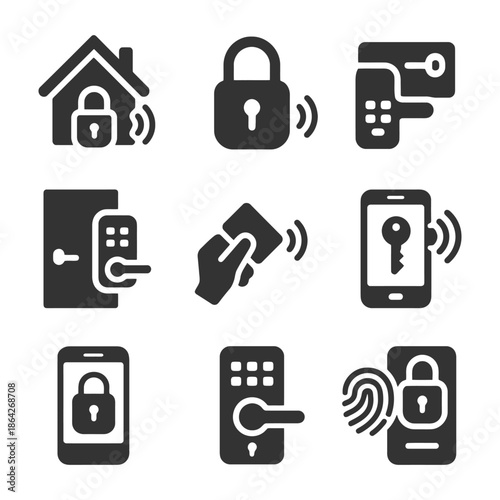 Smart security icons collection featuring locks and wireless access technologies.