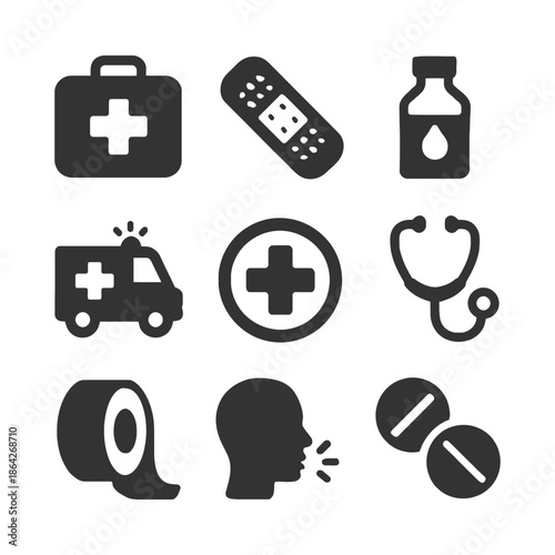 Medical icons set: first aid, medication, ambulance, and healthcare tools.