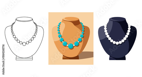 Various illustrations of elegant necklaces displayed on jewelry busts for retail presentation.