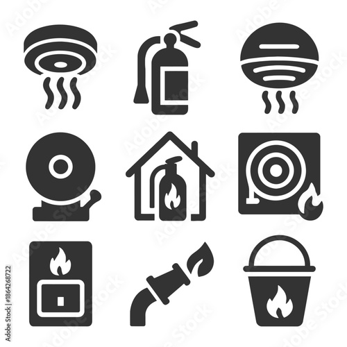 Fire safety icons collection: alarm, extinguisher, smoke detector, emergency bucket.