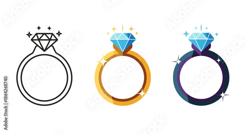 Three sparkling diamond rings in different styles: outline, gold, and dark blue, with brilliant gems.