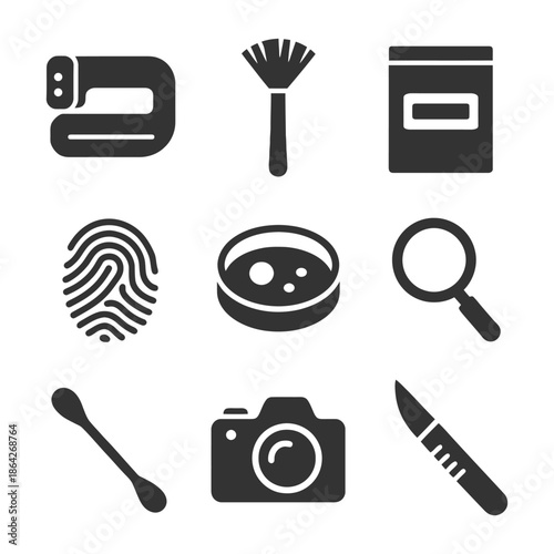 Forensic science icons set: fingerprint, magnifying glass, camera, evidence tools.
