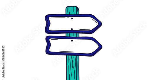 A cartoon illustration of a wooden signpost with two blank arrow-shaped signs, one pointing left and one pointing right, on a white background.