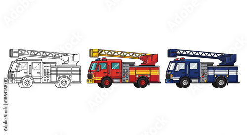 Three fire trucks in different styles, including an outline, a red and yellow, and a blue and grey version, on a white background.