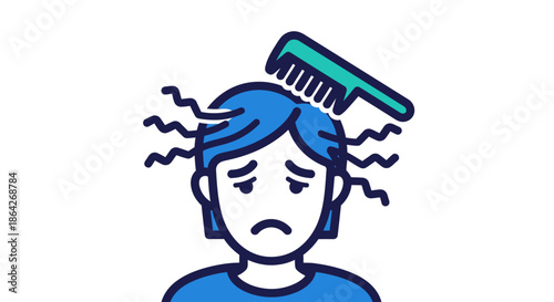 A blue and green icon depicting a sad person struggling with frizzy hair and a comb, symbolizing hair problems or a bad hair day.