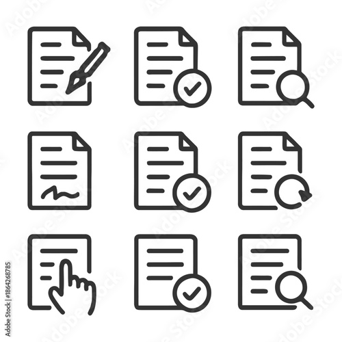 Document icon set with editing, signing, searching, and validation symbols.