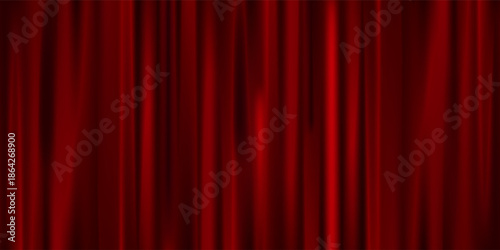 Red velvet curtain background. Closed curtains wallpaper for theater stage or cinema, circus. Red fabric drapery backdrop for award, show, performance. Velvet textile room scene banner concept. Vector