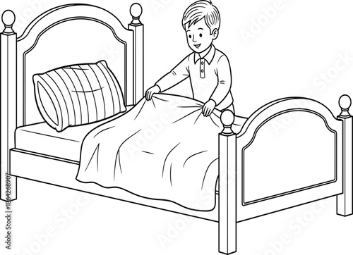 Child making bed, morning routine, home chore, clean bedroom, responsibility concept, daily habit, parenting, hygiene, lifestyle, interior, blanket arrangement
