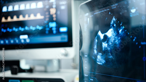 Tableau sur toile Medical ultrasound equipment displaying detailed imaging on monitor in a modern