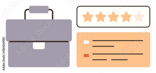 Business reviews, client relationships, performance evaluation, task organization, quality standards, and goals. A briefcase, a five-star rating and checklist. Business reviews and performance