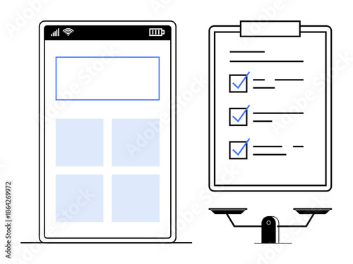 Task management, productivity tools, digital organization, work planning, user interface design, goal tracking. Digital phone interface and clipboard checklist with scales. Task management