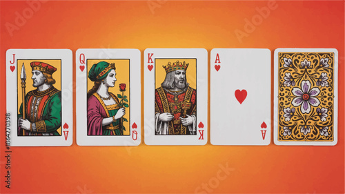 playing cards hearts jack queen king ace joker on orange background