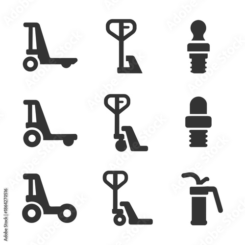 Industrial equipment icons set featuring forklifts, pallet jacks, silhouettes.