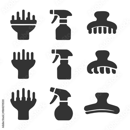 Hair styling tools icons set with spray bottles and combs.