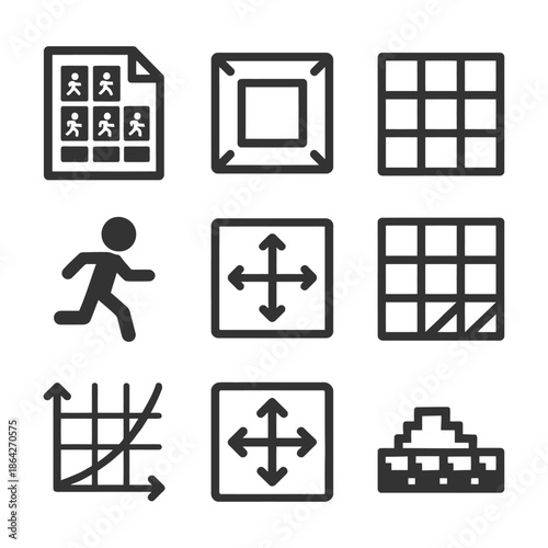 Grid and motion icon set representing movement and alignment concepts.