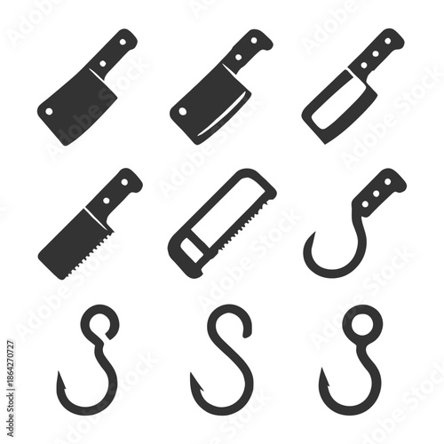Collection of butcher knives and hooks icons in black.