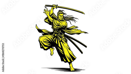 Dynamic samurai warrior in traditional Japanese clothing with sword