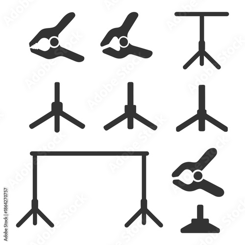 Photography equipment icons set: clamps and stands collection.