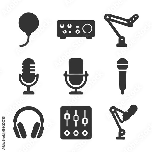 Collection of audio equipment icons featuring microphones and headphones.