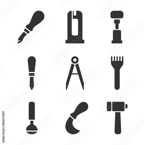 Set of nine black silhouette hand tool icons on white background.