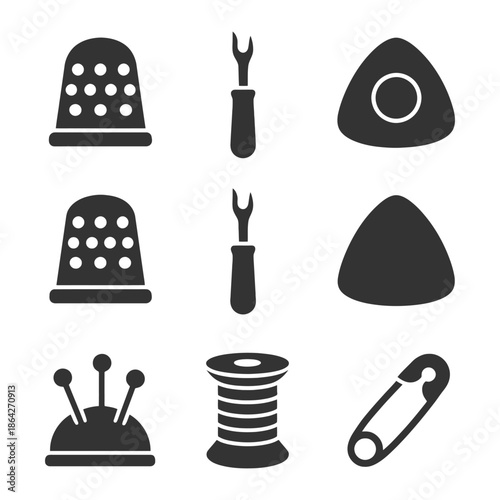 Sewing tools collection: thimble, seam ripper, needle cap, pin cushion, spool, safety pin.