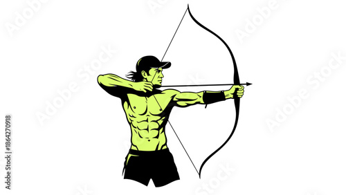 Muscular man in action aiming bow and arrow with focus