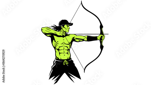 Muscular man aiming bow and arrow with focus and determination