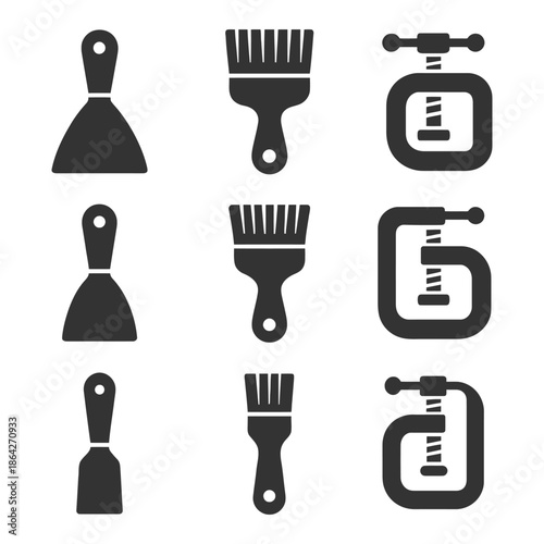 Black silhouette icons of putty knives, paint brushes, and clamps.