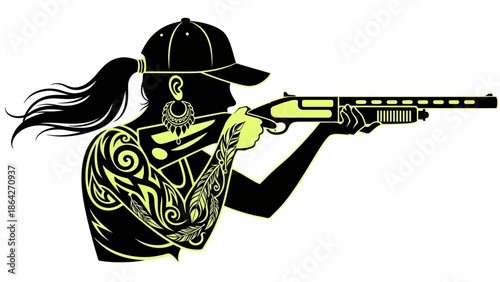 Tattooed woman aiming shotgun with confidence and power