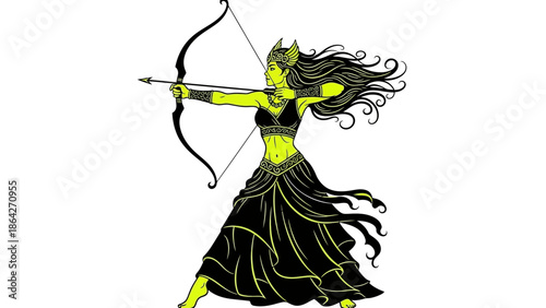 Warrior woman in black outfit drawing bow and arrow with long hair