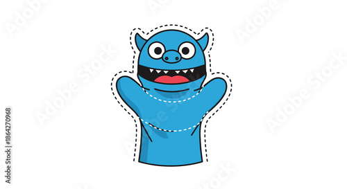 Blue puppet character with wide smile and playful expression  
