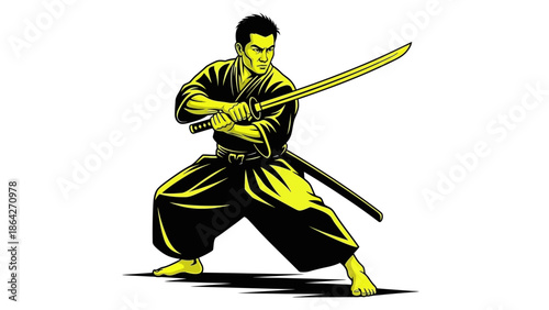 Focused samurai in traditional stance with sword