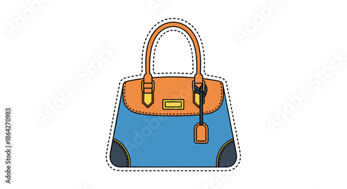Stylish blue handbag with orange accents and a decorative tag  