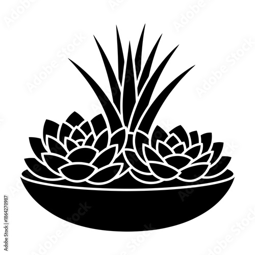 black silhouette vector illustration of a succulent arrangement in a pot with aloe and rosette plants, symbolizing desert flora and modern gardening